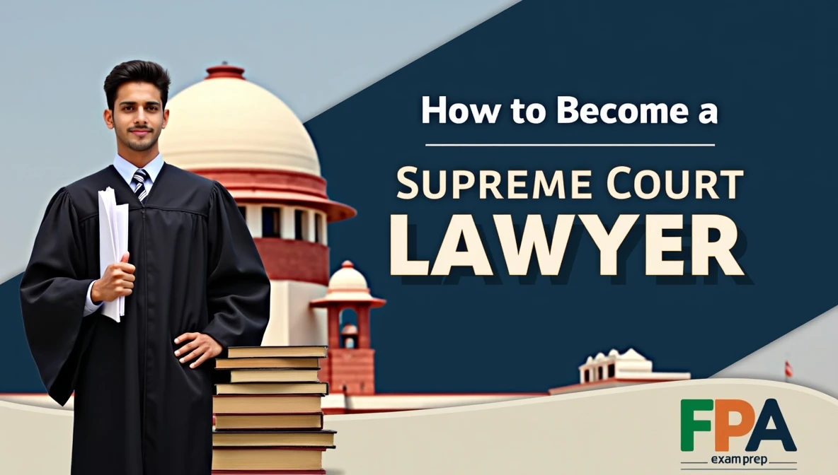 Supreme Court lawyer career guide banner with Indian Supreme Court building and legal books
